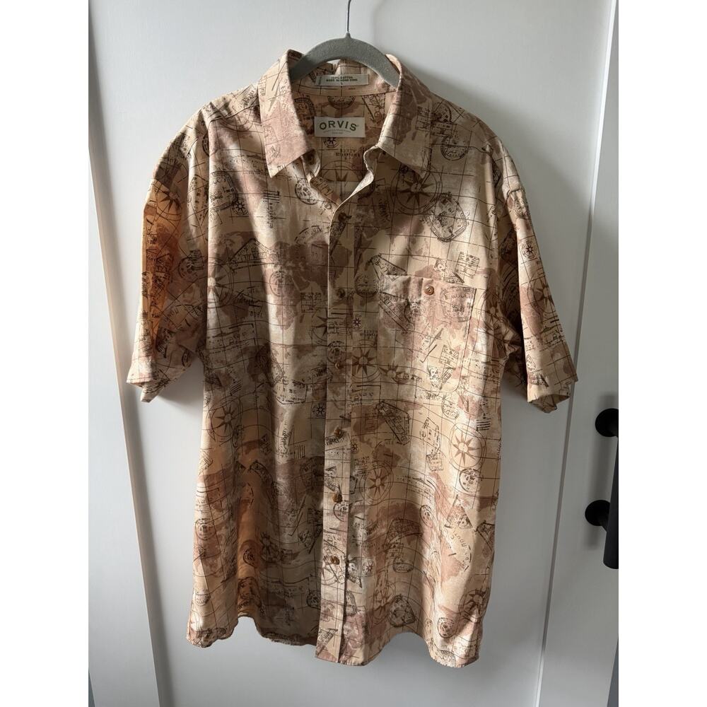 Orvis Map Print Shirt Men’s Large Compass Travel Button Up Cotton Short Sleeve